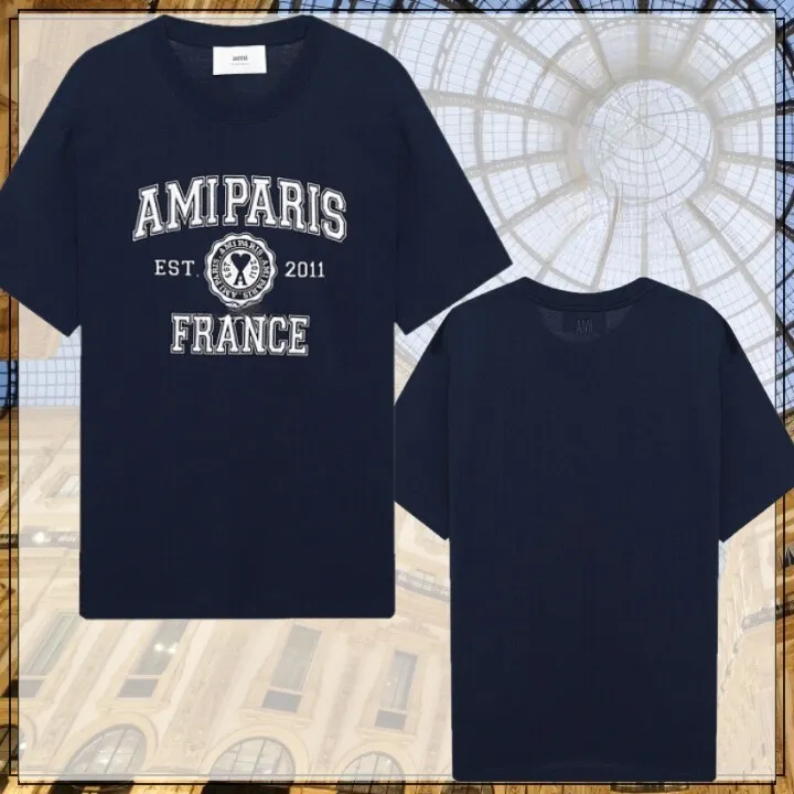 AMI PARIS  |Plain Cotton Short Sleeves Logo Designers T-Shirts