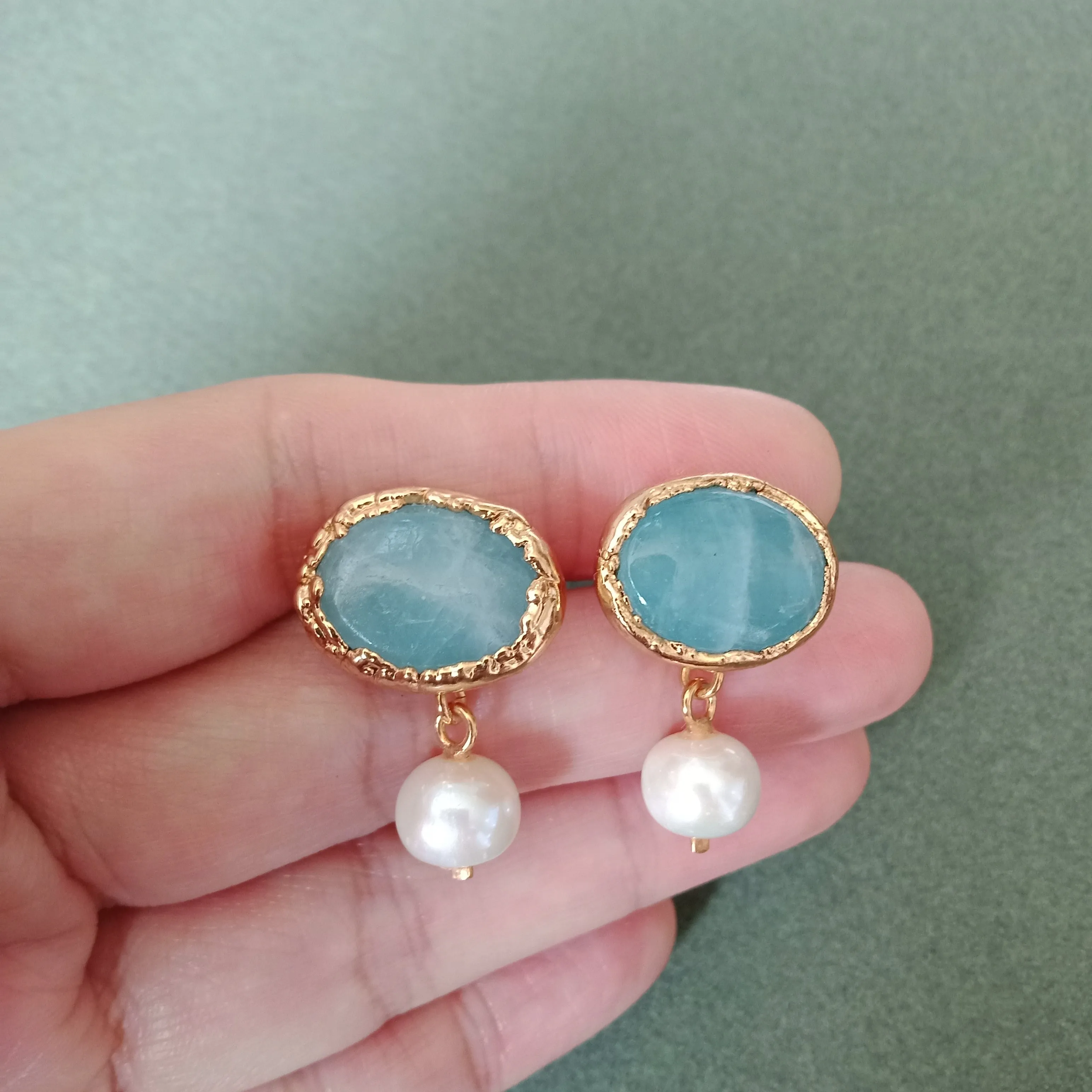 Aquamarine oblong studs and FW pearl drops