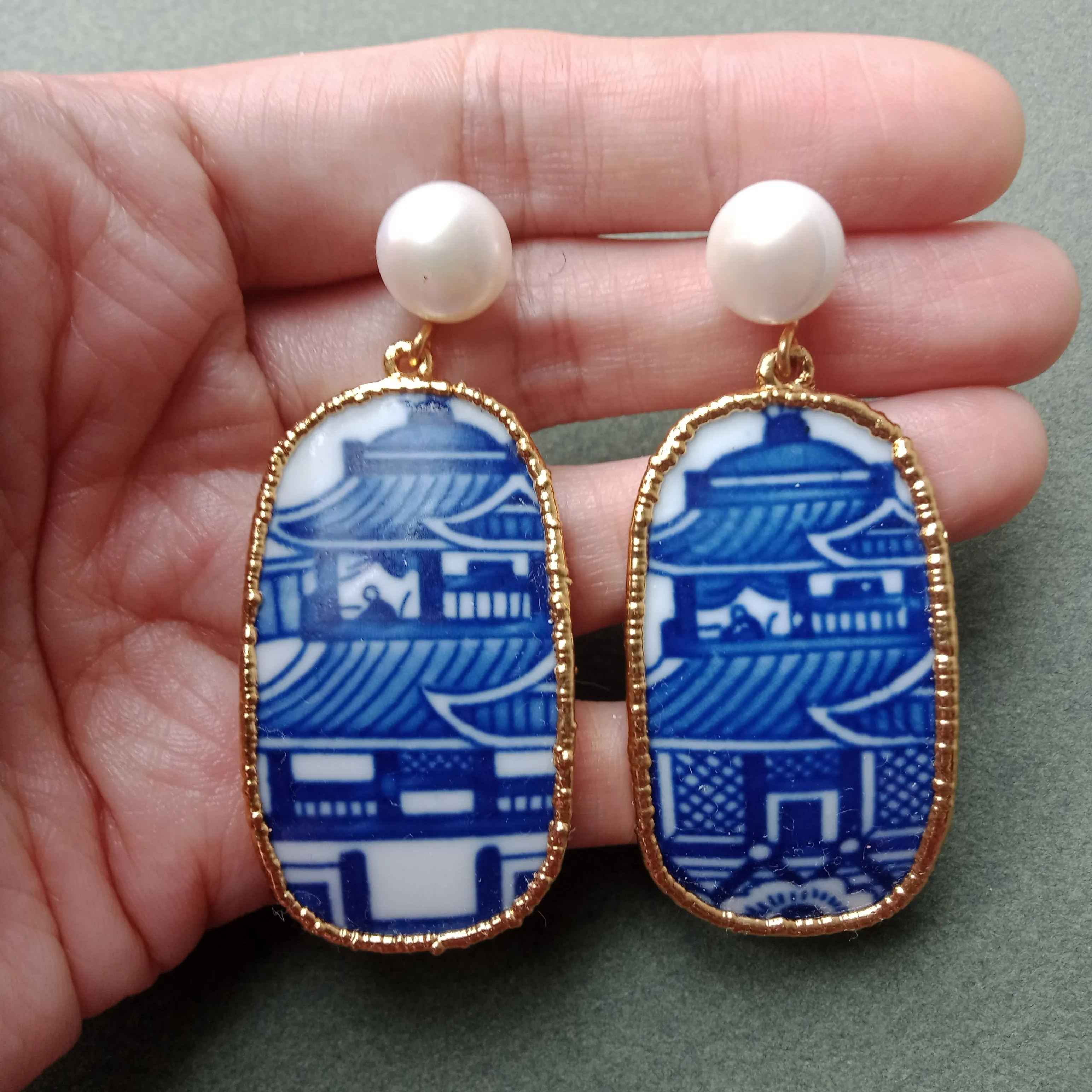 Blue and white pagoda porcelain earrings