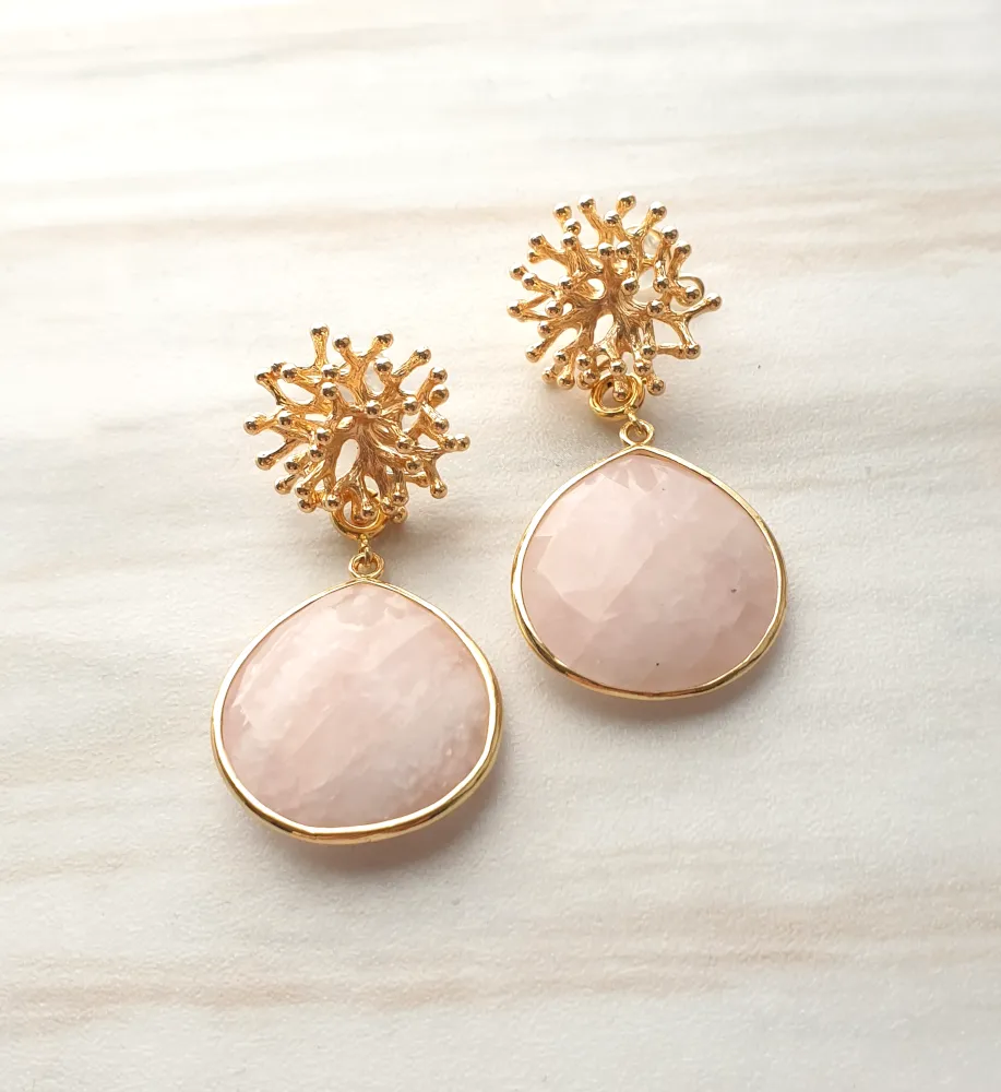 Branch Coral Brass Stud with Detachable Rose Quartz Fat Pear Earrings