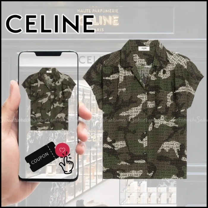 CELINE  |Camouflage Casual Style Silk Short Sleeves Office Style