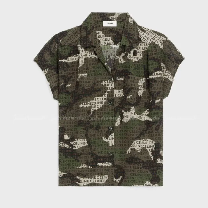 CELINE  |Camouflage Casual Style Silk Short Sleeves Office Style