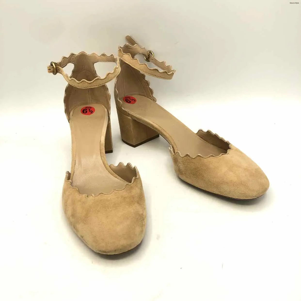 CHLOE Beige Suede Leather Scalloped Edges 2 Chunky Heel Made in Italy Shoes