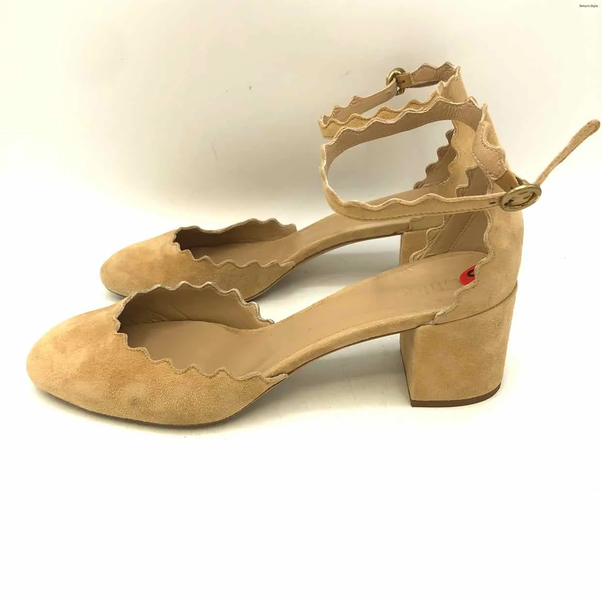 CHLOE Beige Suede Leather Scalloped Edges 2 Chunky Heel Made in Italy Shoes