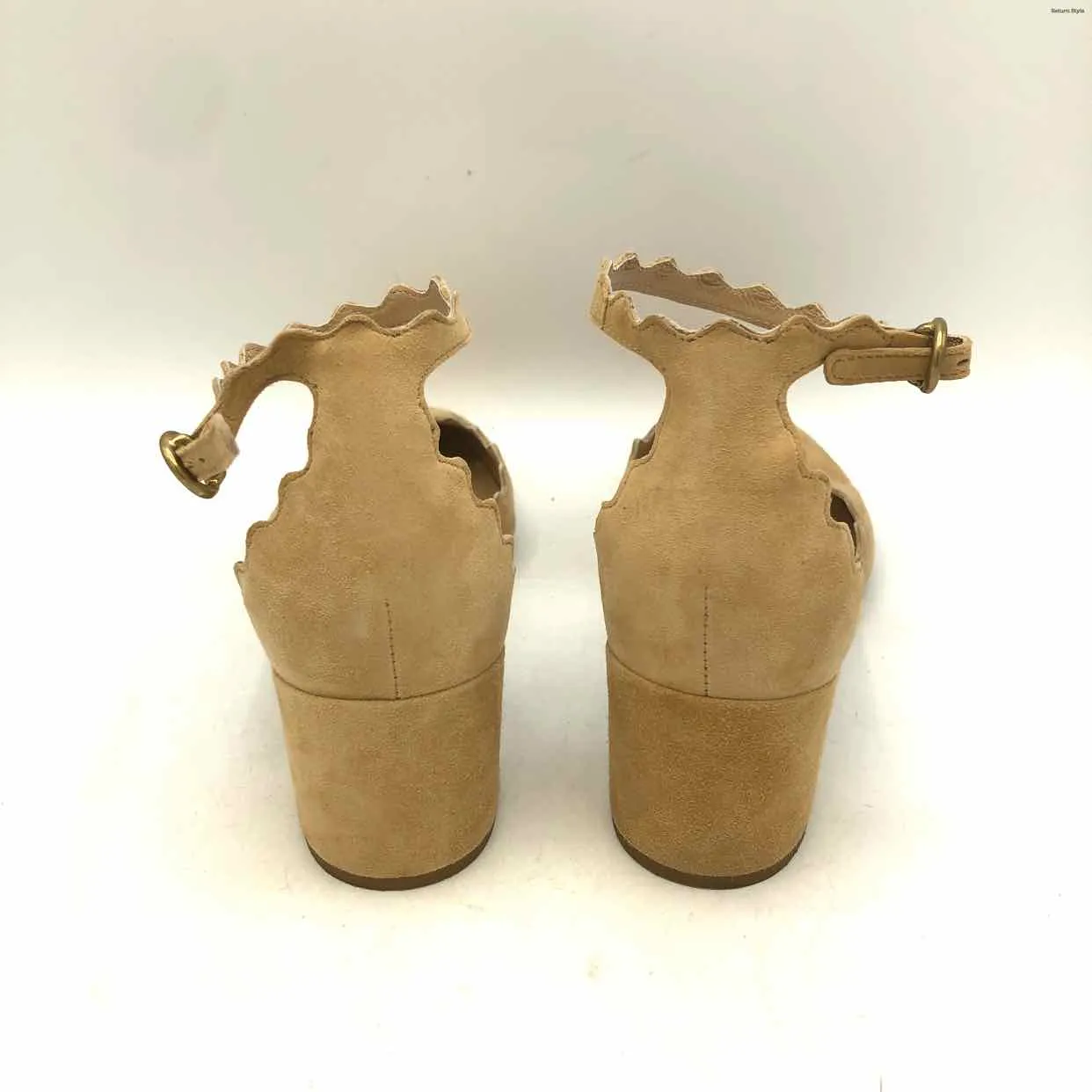 CHLOE Beige Suede Leather Scalloped Edges 2 Chunky Heel Made in Italy Shoes