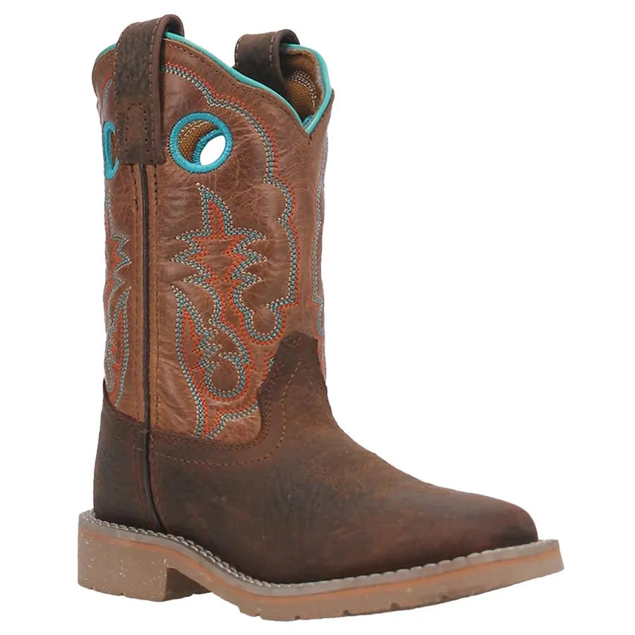 Dan Post Boy's Rye Turquoise Trim Broad Square Toe Leather Boots - Brown/Tan