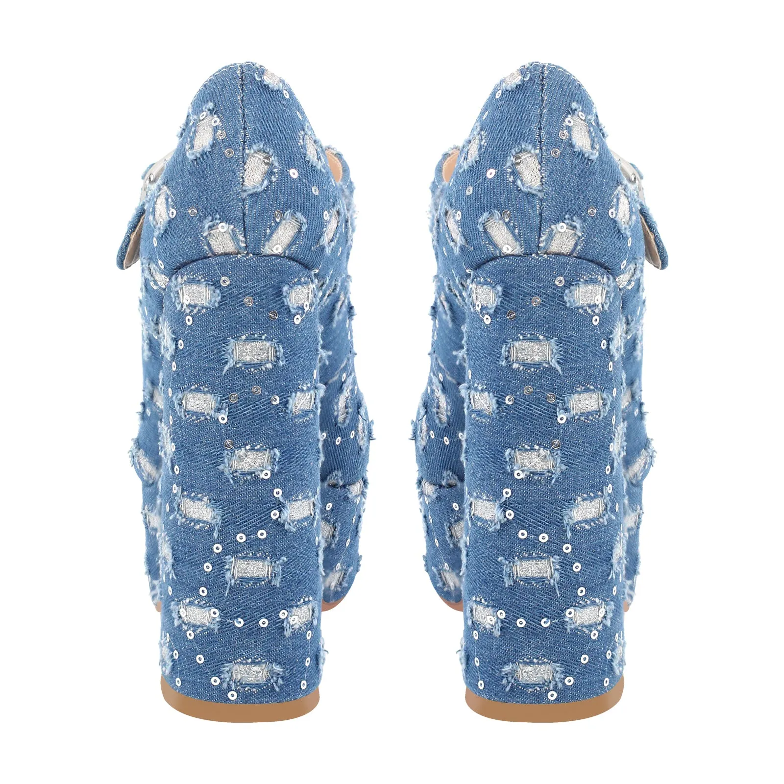 Denim Round Toe Platform Chunky Heels Pumps