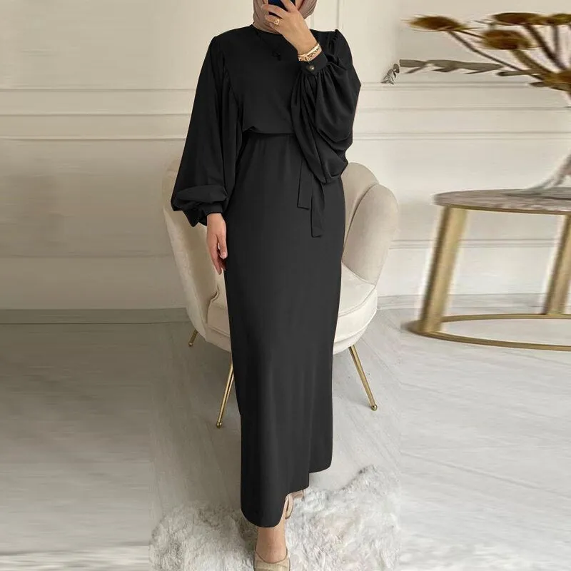 Elegant Muslim Dress For Women Fashion Belted Maxi Solid Long Sleeve