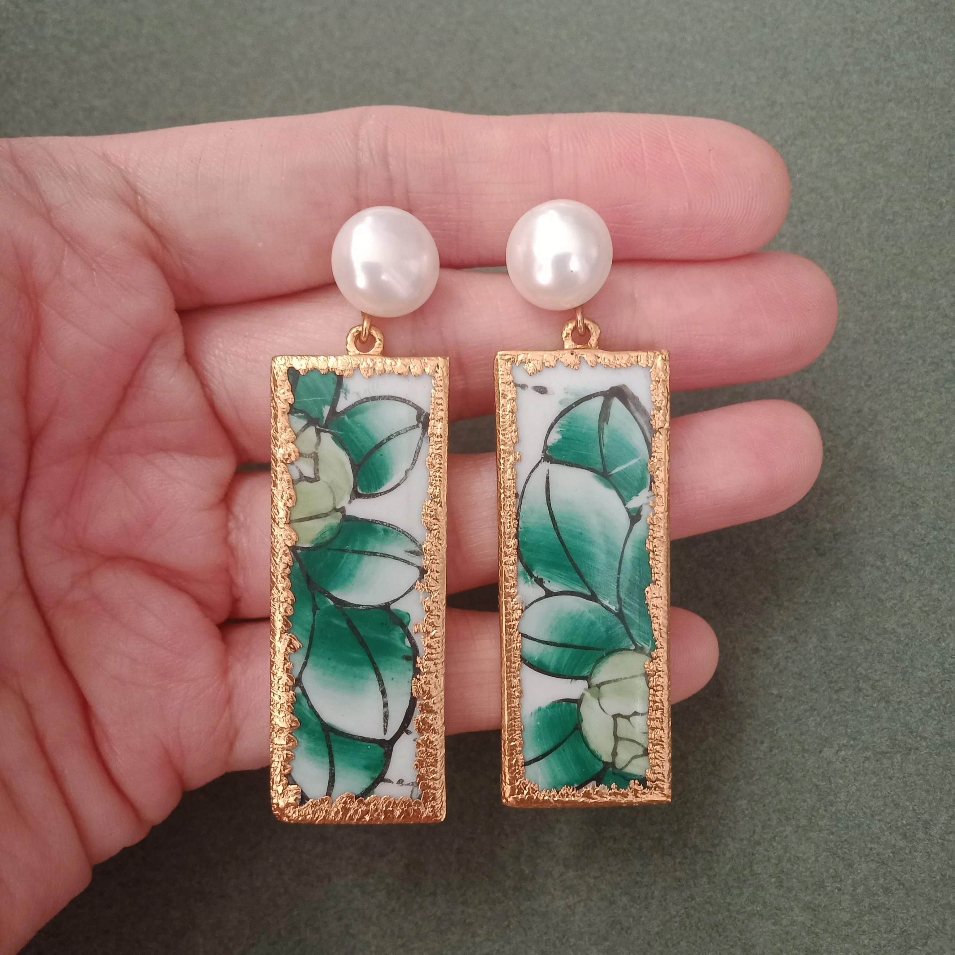 Frond foliage porcelain earrings