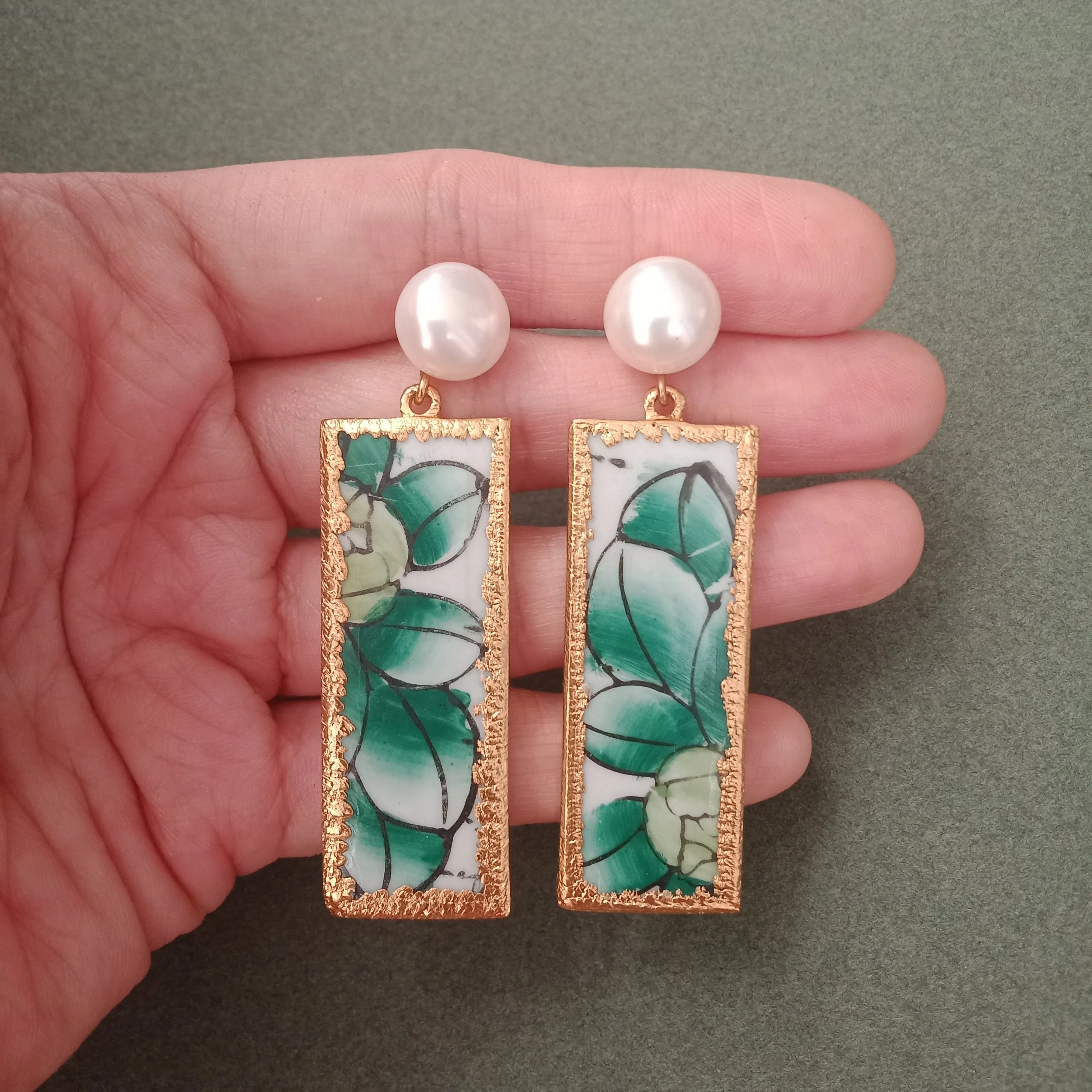 Frond foliage porcelain earrings