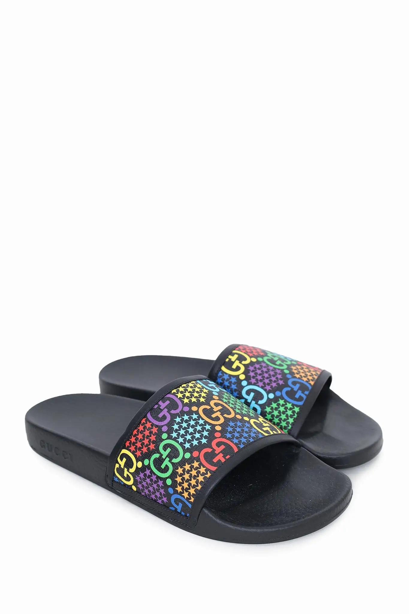 Gucci Black Coated GG Supreme Monogram Psychedelic Slides Size 41