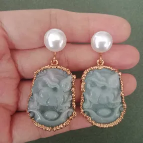 Jade hopping hare earrings with FW pearls