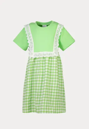 Lace Fabric Plaid Pattern Short Sleeve Dress