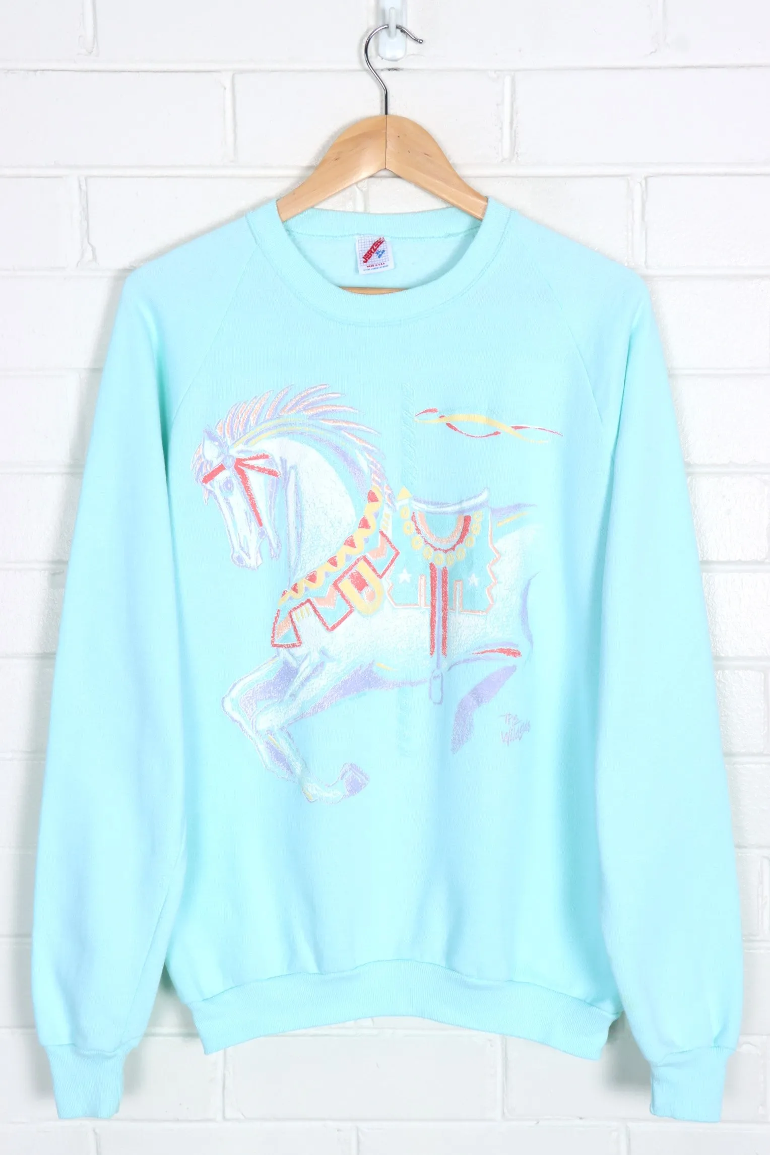 Light Blue Horse Carousal Merry Go Round Puff Print Sweatshirt USA Made (XXL)