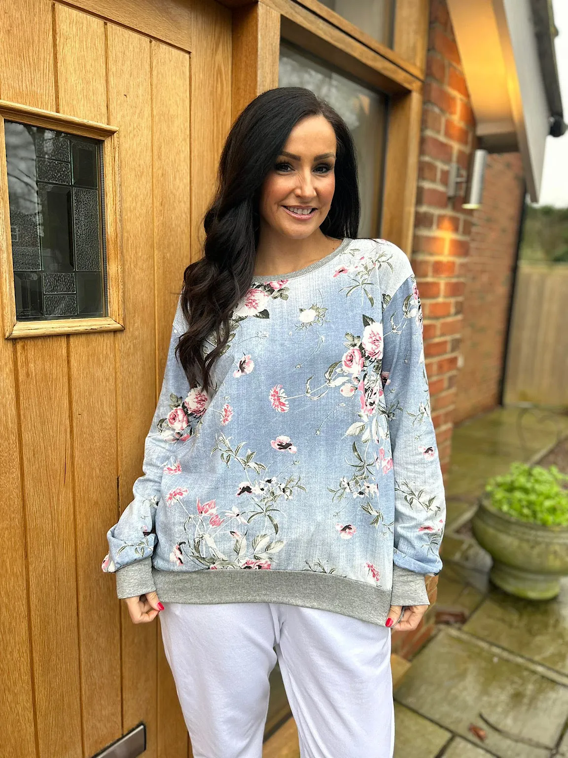 Light Denim Floral Print Sweatshirt India