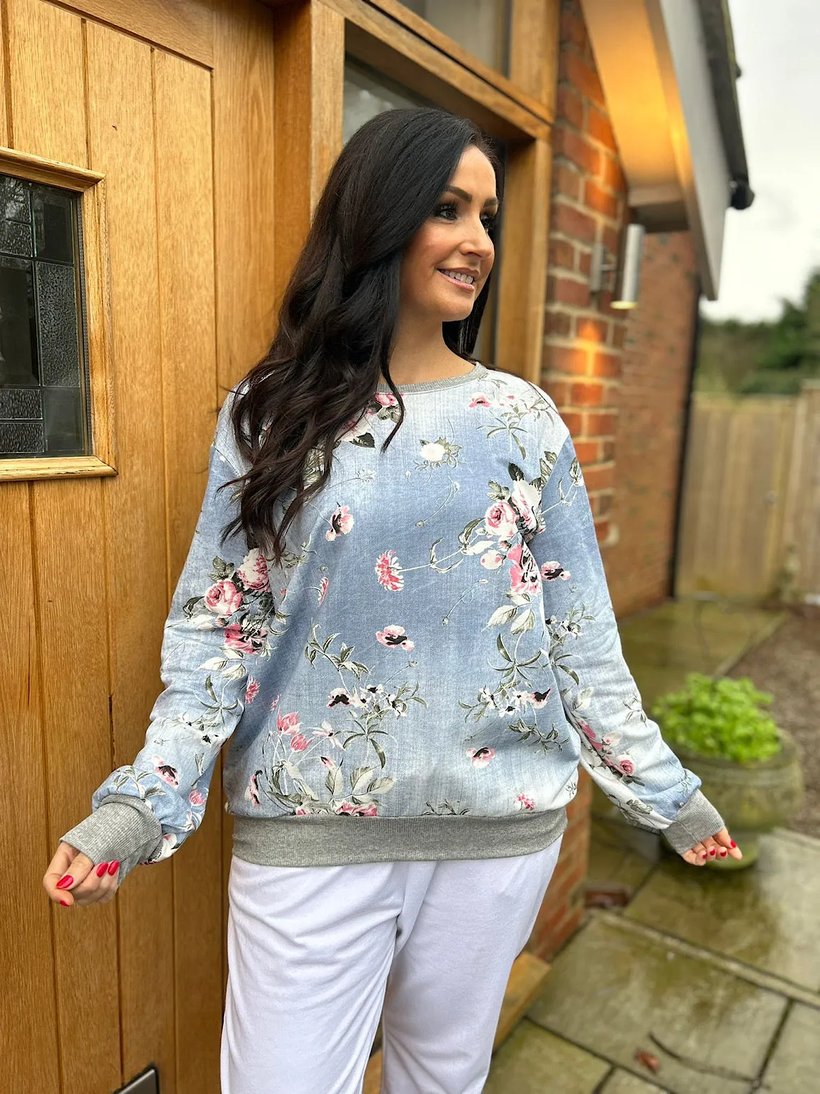 Light Denim Floral Print Sweatshirt India