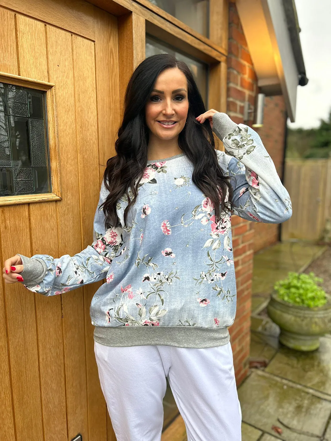 Light Denim Floral Print Sweatshirt India