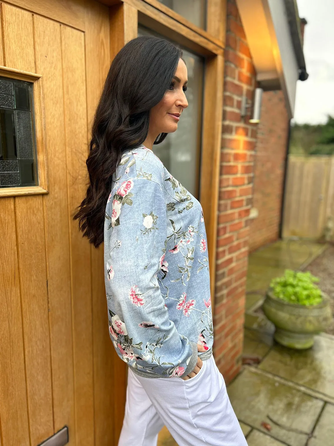 Light Denim Floral Print Sweatshirt India