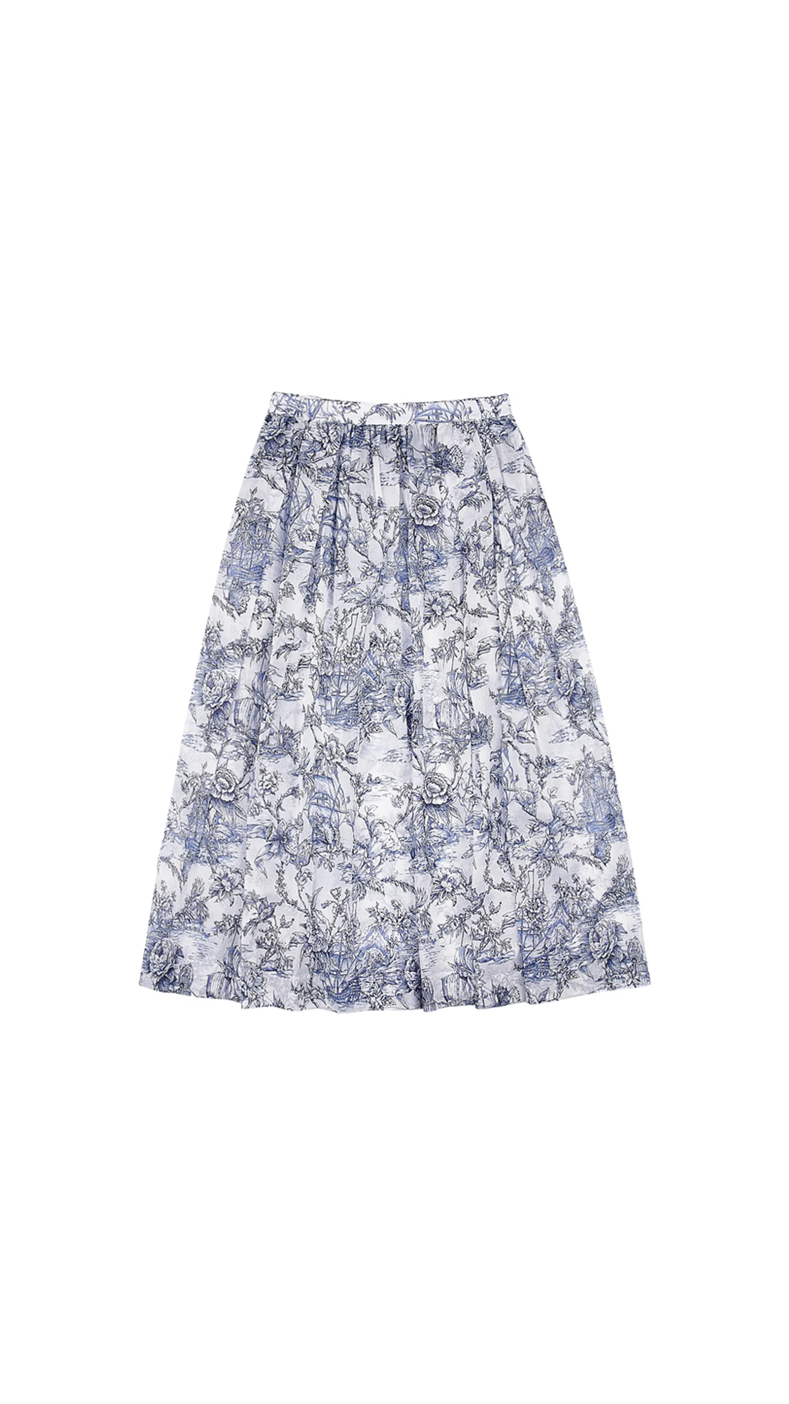 Mid-Length Pleated Floral Skirt - White/Blue