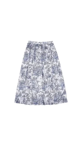 Mid-Length Pleated Floral Skirt - White/Blue