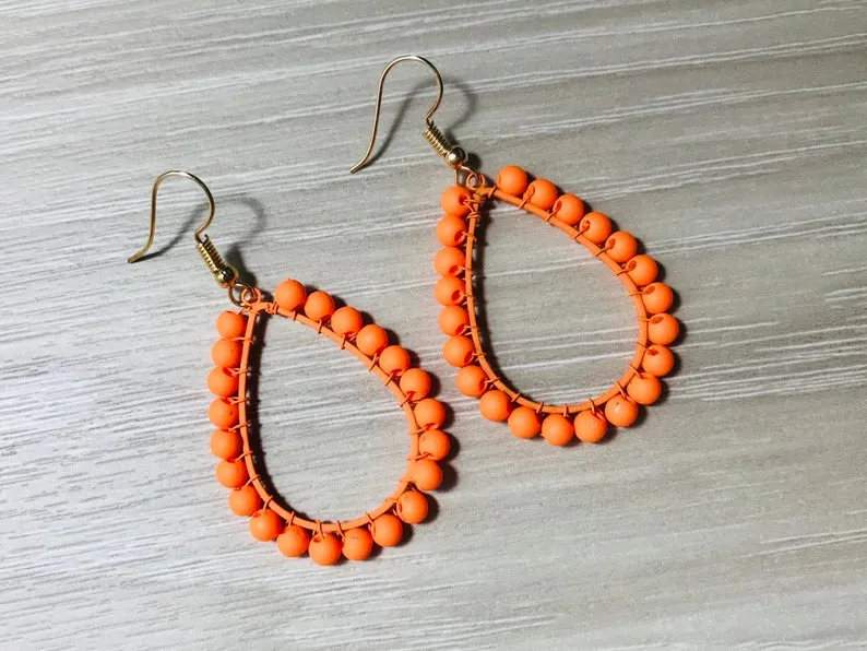 Orange Tear Drop Woven Earrings