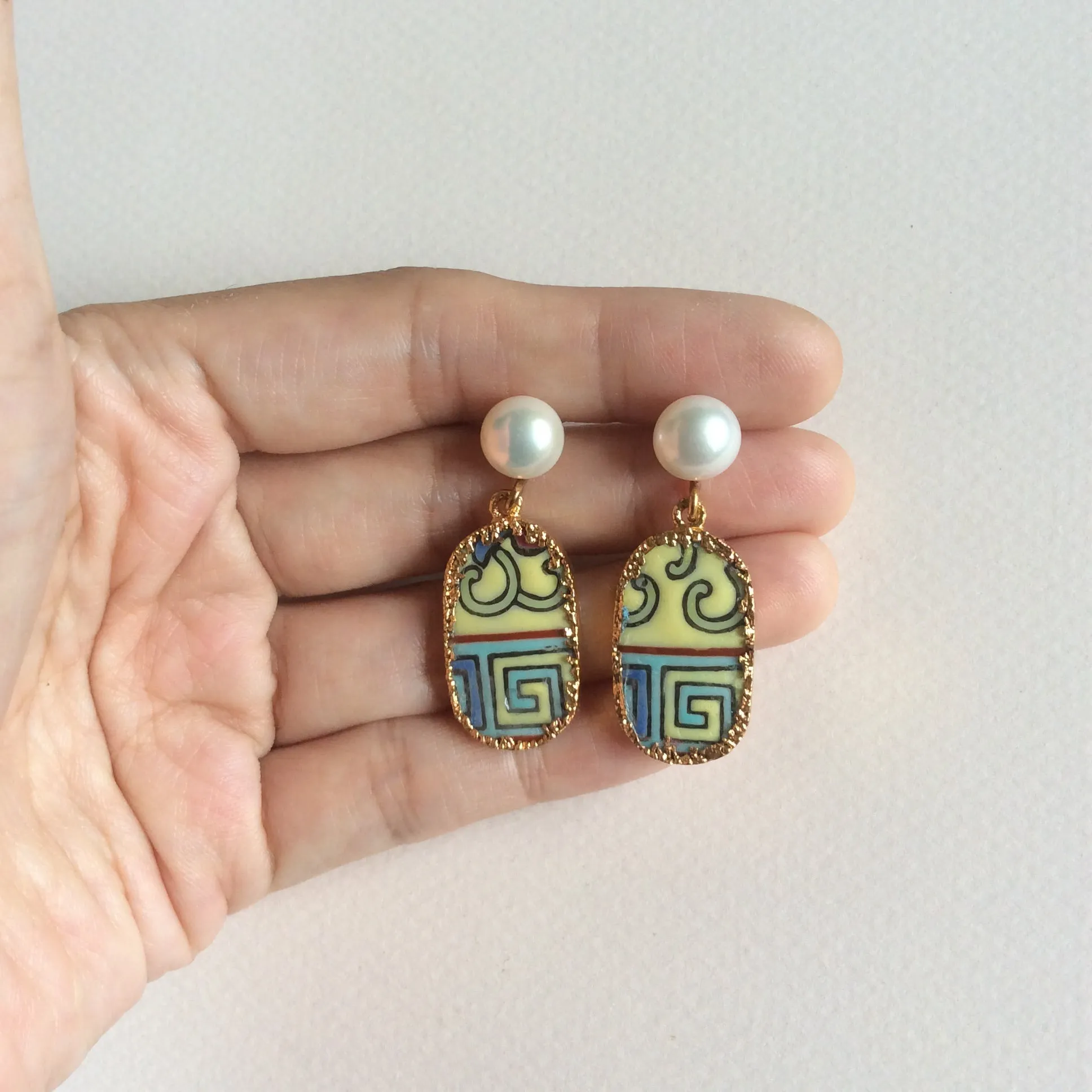 Peranakan porcelain earrings with freshwater pearl studs