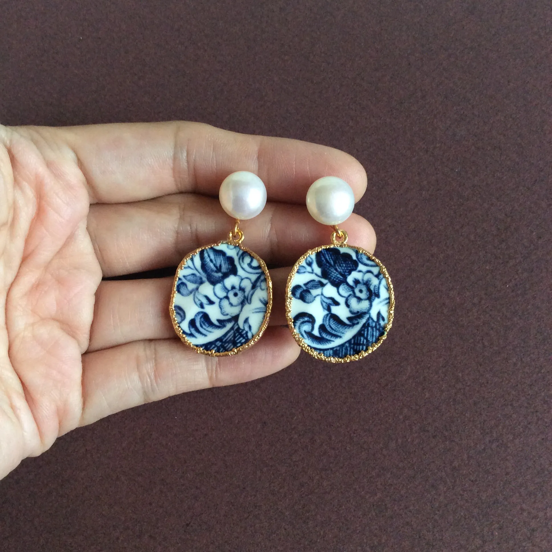 Portuguese tile azulejos porcelain earrings with round freshwater pearls