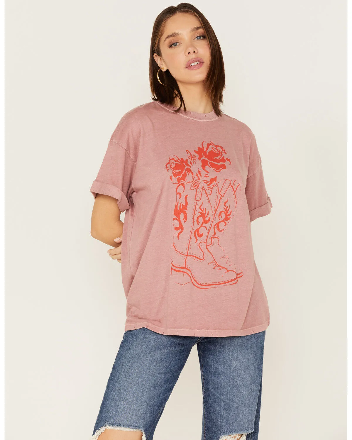 Product Name:  Girl Dangerous Women's Floral Cowgirl Boots Graphic Oversized Tee