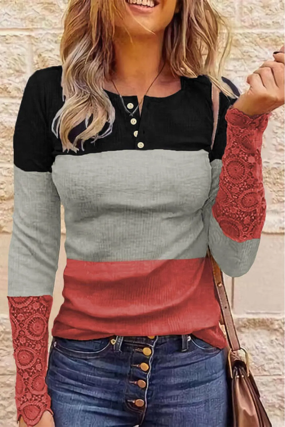 Ribbed Lace Splicing Color Block Long Sleeve Top - Red/Grey/Black