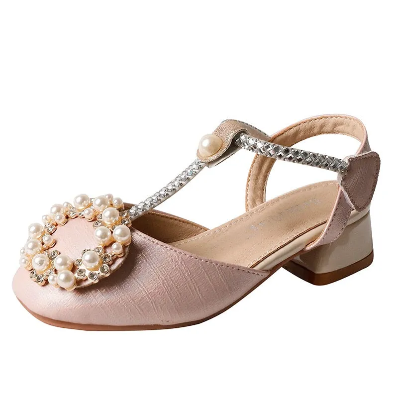 Shoes for kids Children Sandals Pearl Rhinestone Kids High Heel Shoe Elegant Baby Girls Wedding Party Shoes Sandals Round Toe