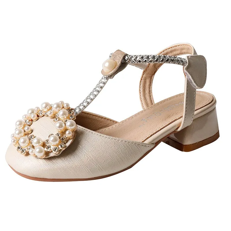 Shoes for kids Children Sandals Pearl Rhinestone Kids High Heel Shoe Elegant Baby Girls Wedding Party Shoes Sandals Round Toe