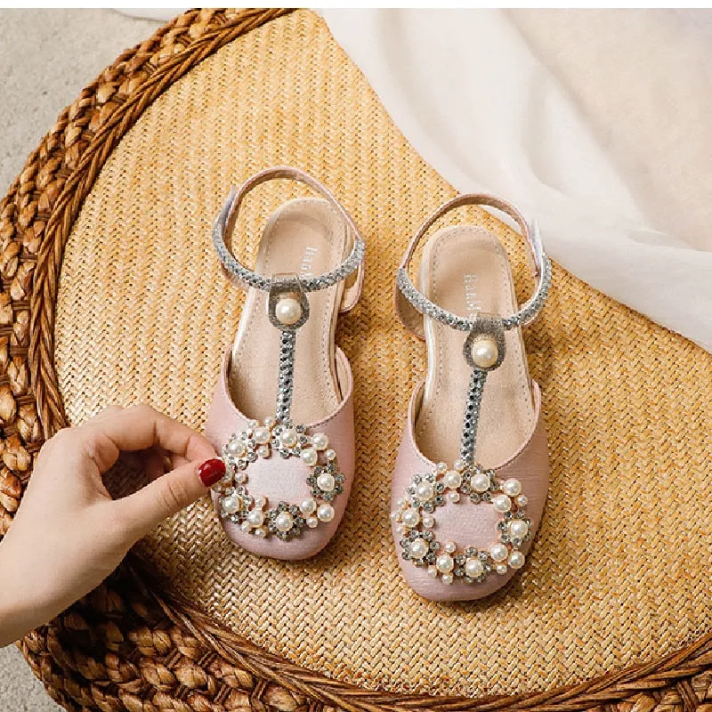 Shoes for kids Children Sandals Pearl Rhinestone Kids High Heel Shoe Elegant Baby Girls Wedding Party Shoes Sandals Round Toe