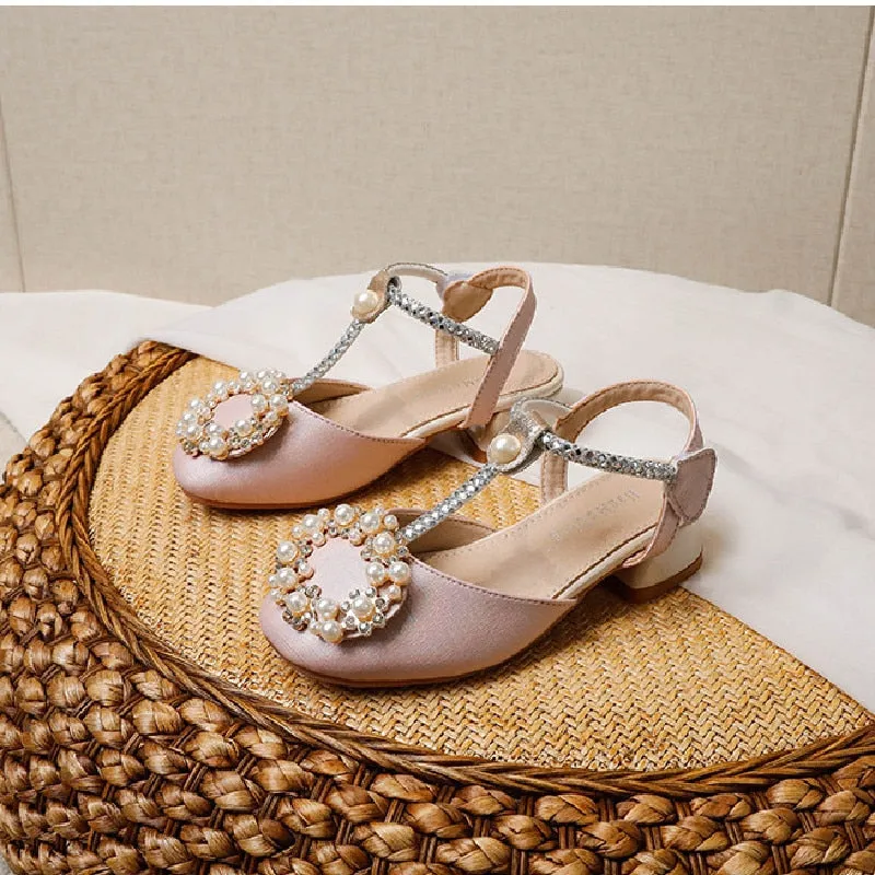 Shoes for kids Children Sandals Pearl Rhinestone Kids High Heel Shoe Elegant Baby Girls Wedding Party Shoes Sandals Round Toe