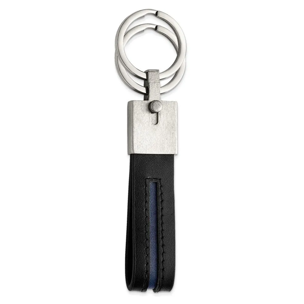 Stainless Steel & Blue/Black Leather Removable Double Ring Key Chain