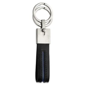 Stainless Steel & Blue/Black Leather Removable Double Ring Key Chain