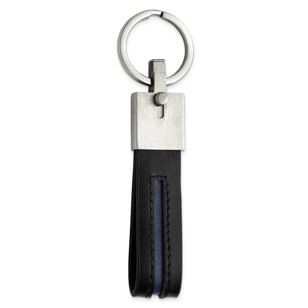 Stainless Steel & Blue/Black Leather Removable Double Ring Key Chain