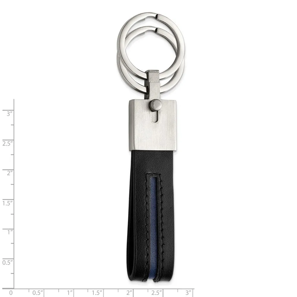 Stainless Steel & Blue/Black Leather Removable Double Ring Key Chain