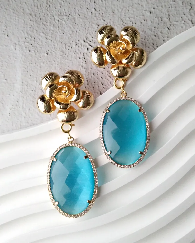 Textured Rose Stud with Haloed Oval Aqua Blue Cat's Eye Earrings