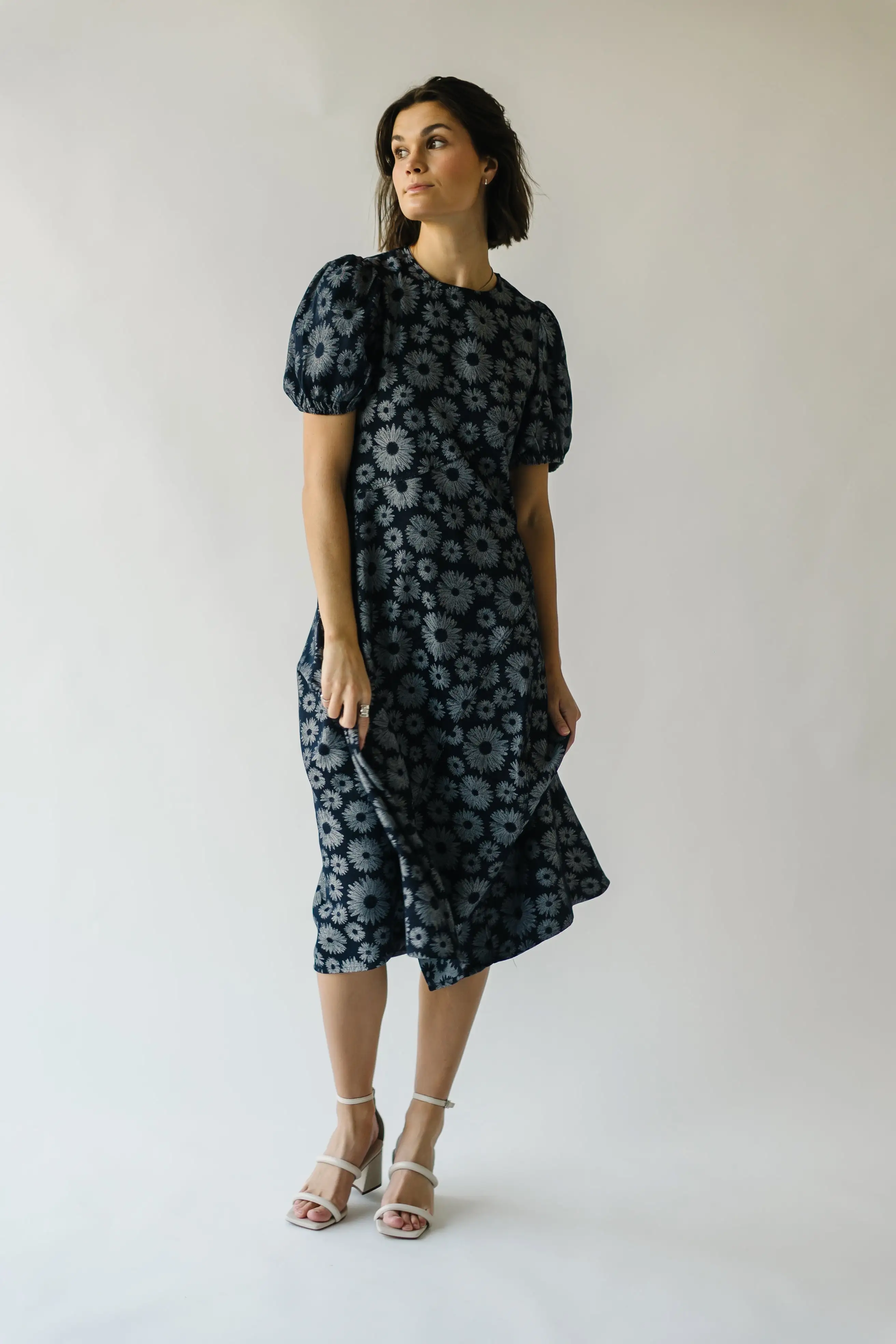 The Cressida Sunflower Woven Midi Dress in Navy