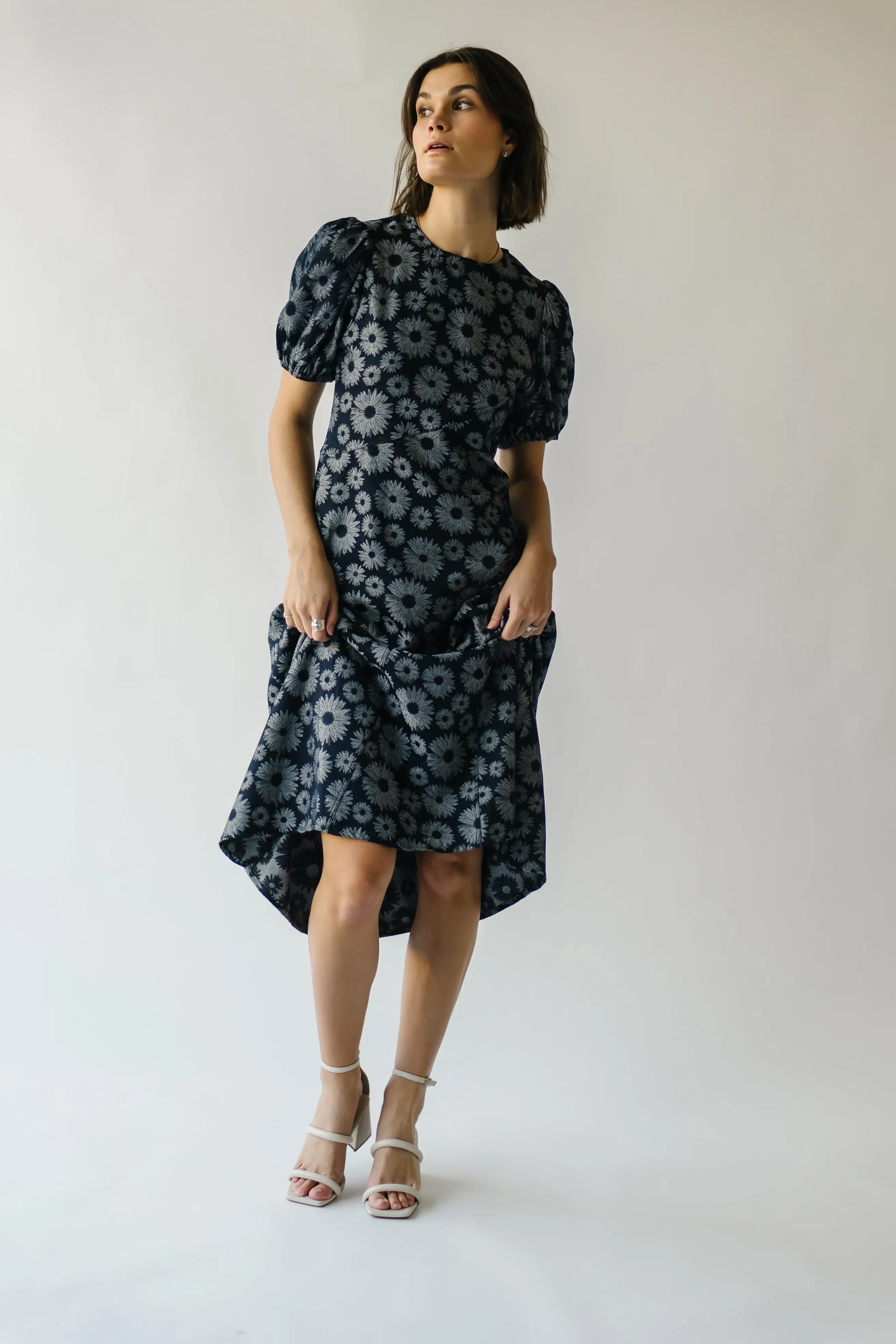 The Cressida Sunflower Woven Midi Dress in Navy