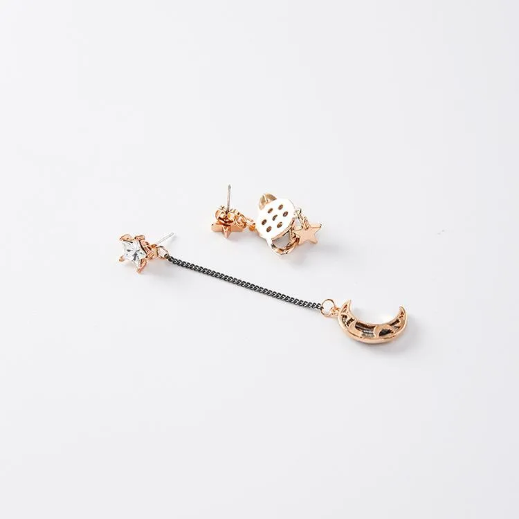 Trendy Rhinestone Moon Star Planet Asymmetric Earrings for Women