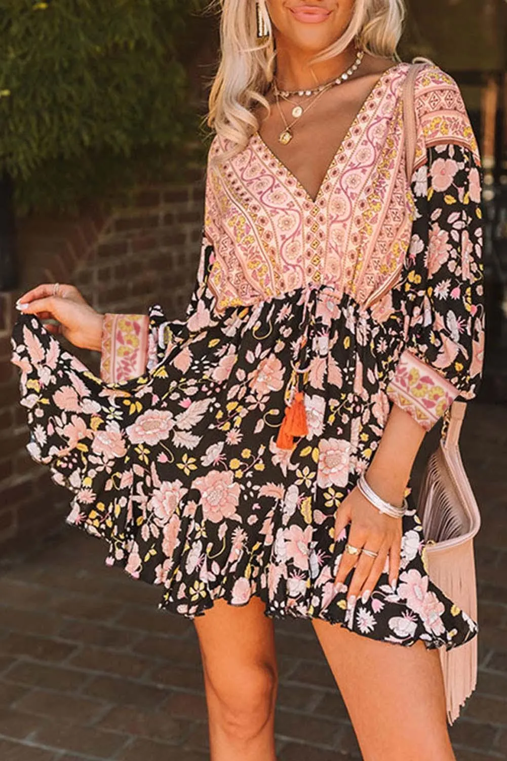 V-Neck 3/4 Sleeves Floral Dress