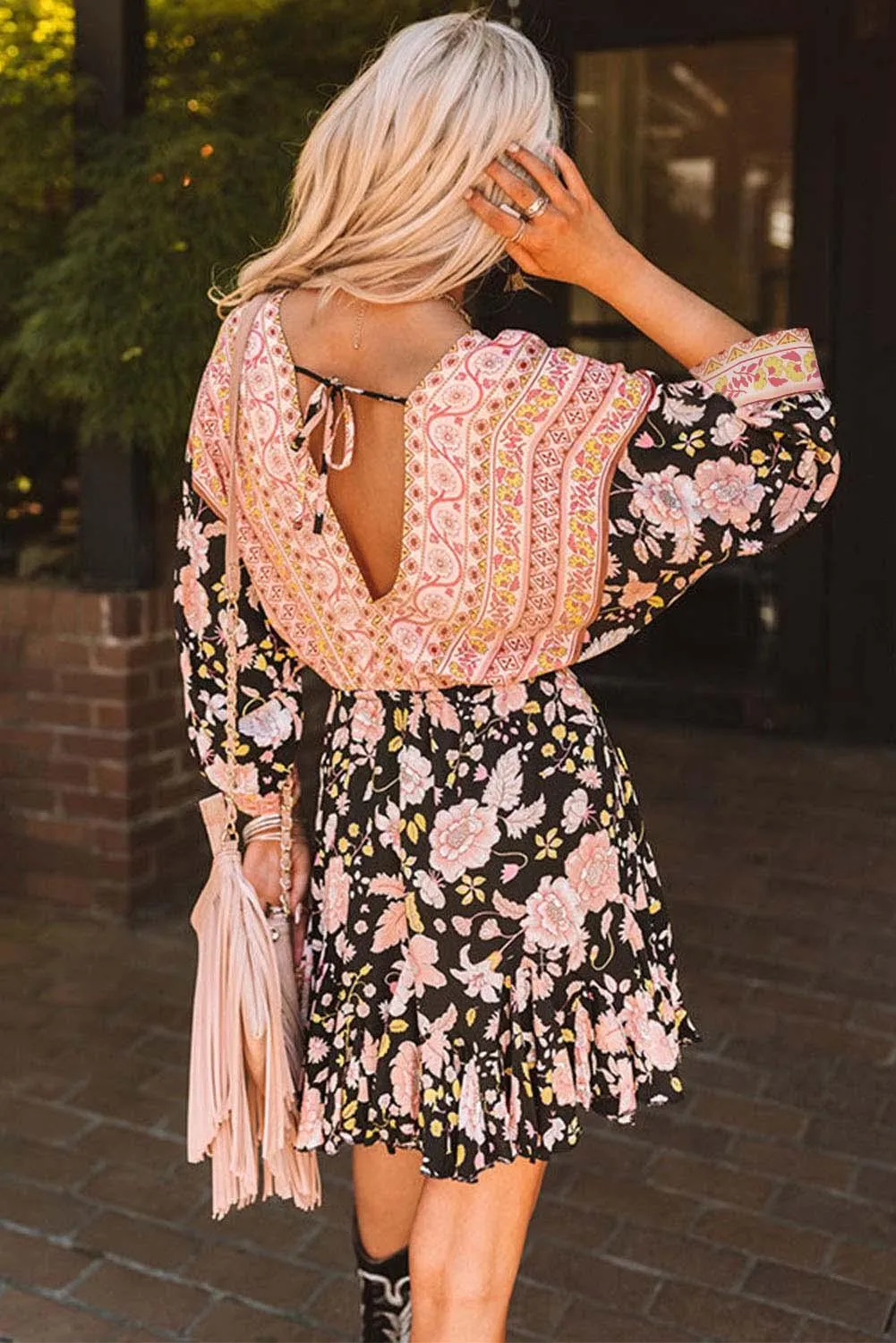 V-Neck 3/4 Sleeves Floral Dress