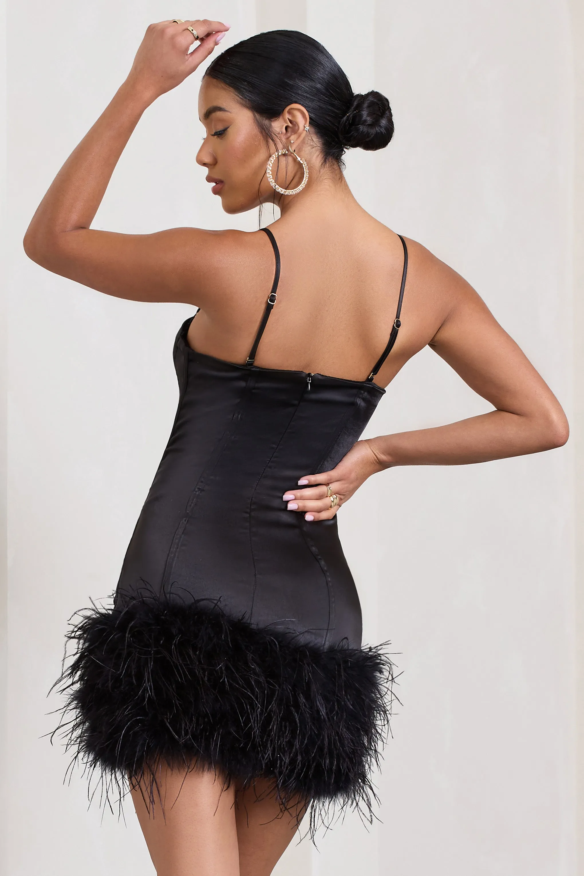 Vampira | Black Satin Corset Feather Mini Dress