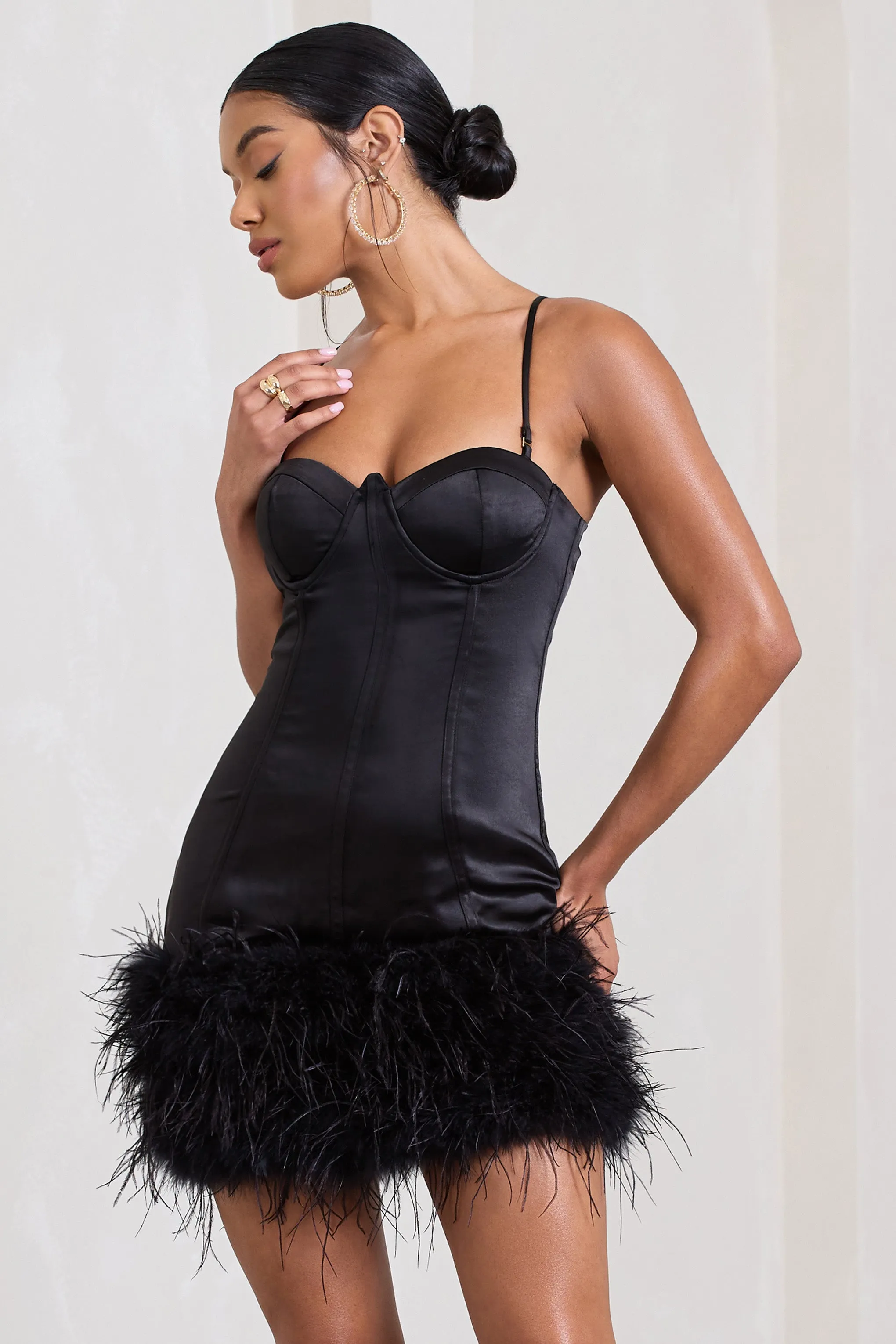 Vampira | Black Satin Corset Feather Mini Dress